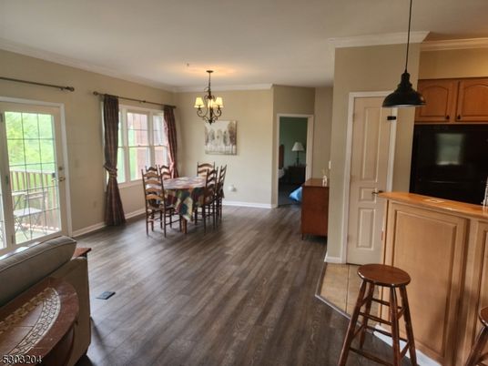 Chandelier, Dining room, Interior, Pendant Lights, Wood Texture Flooring