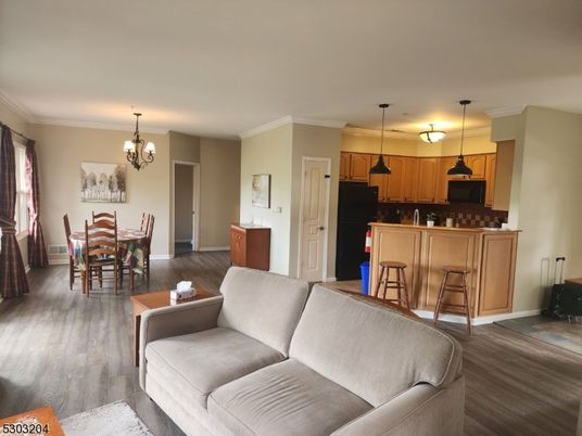 Chandelier, Dining room, Interior, Kitchen, Living room, Pendant Lights, Wood Texture Flooring