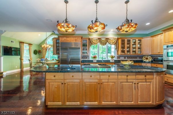 Chandelier, Interior, Kitchen, Pendant Lights, Recessed Lighting, Stainless Steel Appliances, Wood Texture Flooring