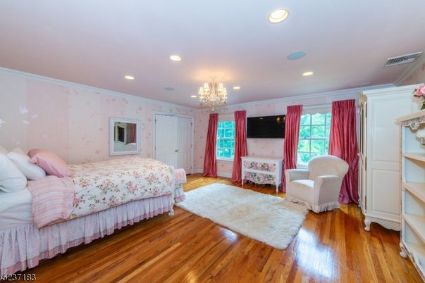 Bedroom, Chandelier, Interior, Recessed Lighting, Wood Texture Flooring