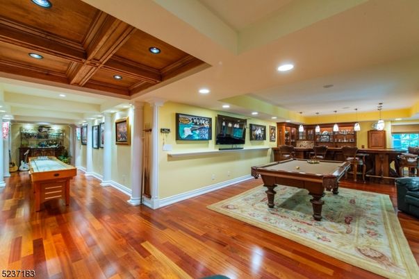Billiard Table, Game Room, Interior, Pendant Lights, Recessed Lighting, Wooden Beams, Wooden Ceilings, Wood Texture Flooring