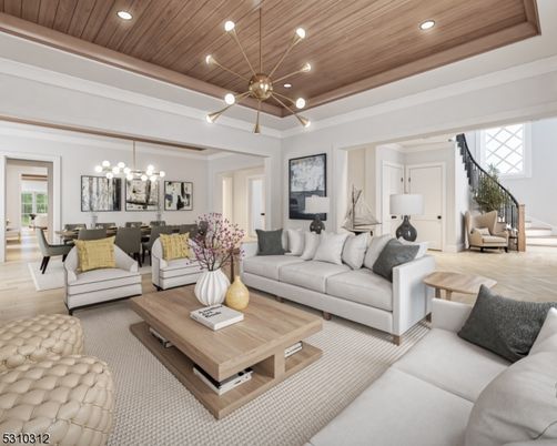 Dining room, Interior, Living room, Pendant Lights, Recessed Lighting, Wooden Ceilings, Wood Texture Flooring