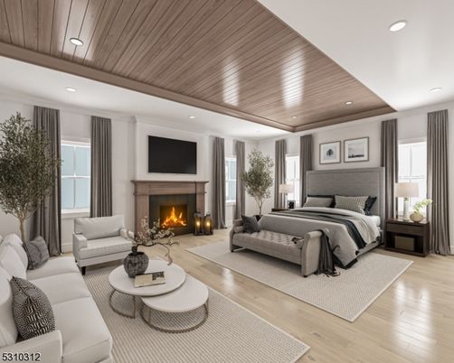 Bedroom, Fireplace, Interior, Living room, Recessed Lighting, Wooden Ceilings, Wood Texture Flooring