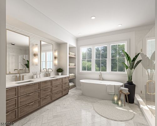 Bathroom, Dual Sink Vanities, Free Standing Baths, Glass Shower, Interior, Marble, Marble Walls, Recessed Lighting