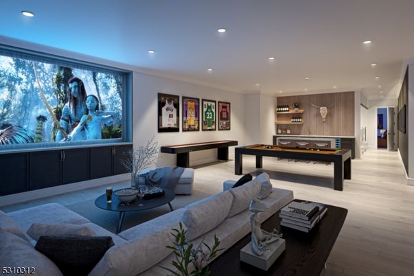 Billiard Table, Game Room, Interior, Living room, Recessed Lighting, Wood Texture Flooring, Wooden Walls