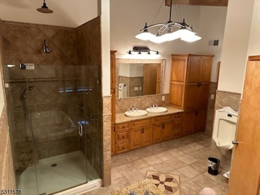 Bathroom, Dual Sink Vanities, Glass Shower, Interior, Pendant Lights