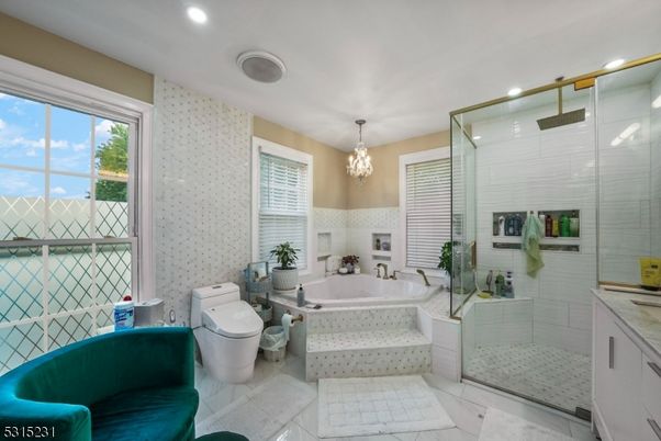 Bathroom, Chandelier, Glass Shower, Interior, Marble, Recessed Lighting