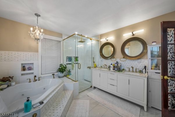 Bathroom, Chandelier, Dual Sink Vanities, Glass Shower, Interior