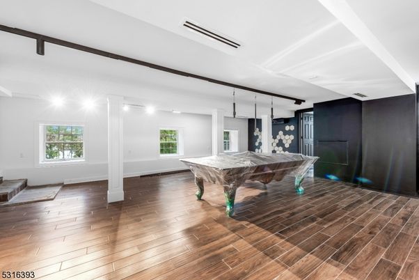 Billiard Table, Game Room, Interior, Pendant Lights, Wood Texture Flooring