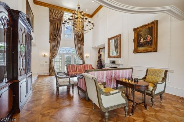 Chandelier, Interior, Living room, Recessed Lighting, Wood Texture Flooring