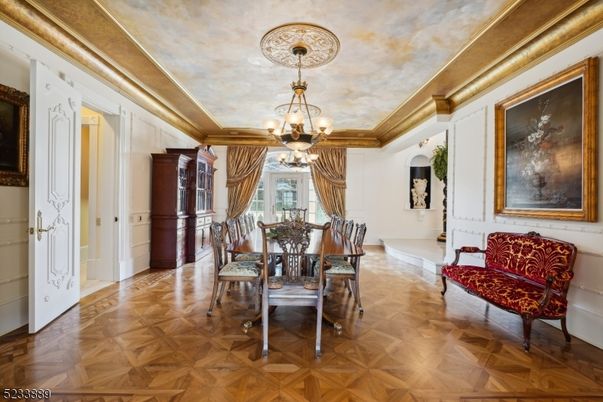 Chandelier, Dining room, Interior, Wood Texture Flooring