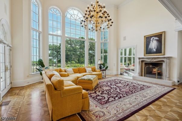 Chandelier, Fireplace, Interior, Living room, Pendant Lights, Wood Texture Flooring