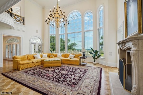 Chandelier, Fireplace, Interior, Living room, Pendant Lights, Wood Texture Flooring