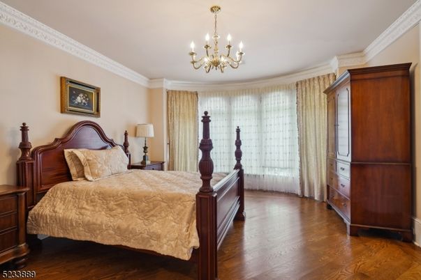 Bedroom, Chandelier, Interior, Wood Texture Flooring