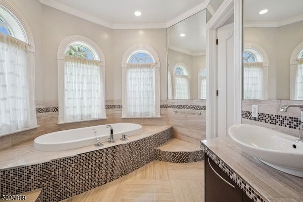 Bathroom, Dual Sink Vanities, Interior, Recessed Lighting, Wood Texture Flooring