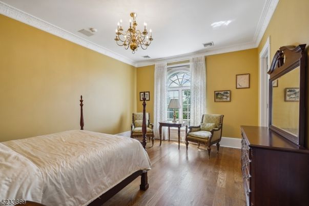 Bedroom, Chandelier, Interior, Wood Texture Flooring