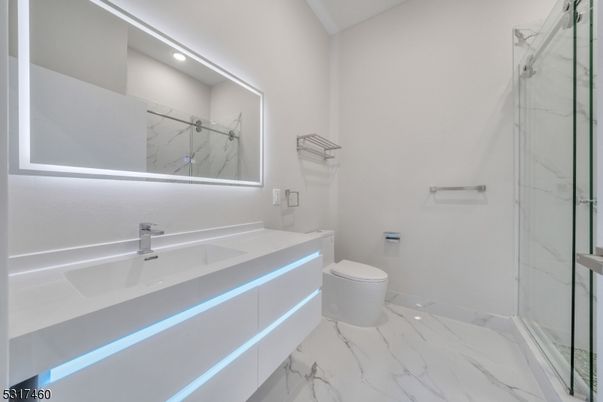 Bathroom, Glass Shower, Interior, Marble, Marble Walls, Recessed Lighting