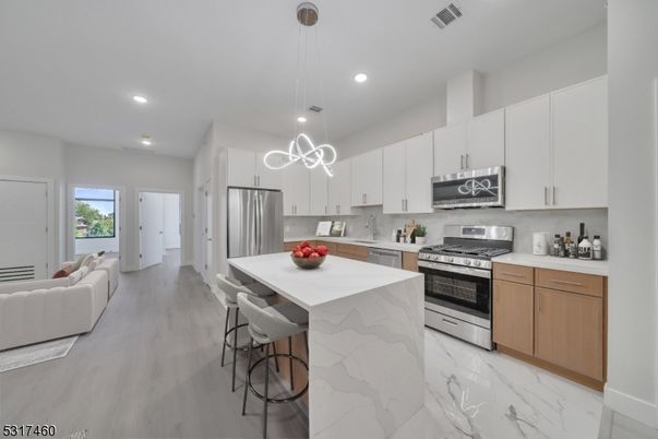 Interior, Kitchen, Marble, Pendant Lights, Recessed Lighting, Stainless Steel Appliances