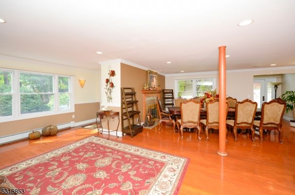 Dining room, Fireplace, Interior, Recessed Lighting, Wood Texture Flooring