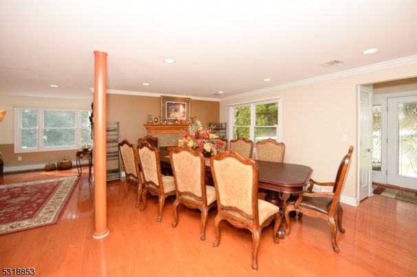 Dining room, Fireplace, Interior, Recessed Lighting, Wood Texture Flooring