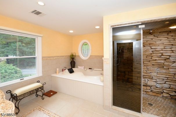 Bathroom, Glass Shower, Interior, Recessed Lighting, Stone Walls