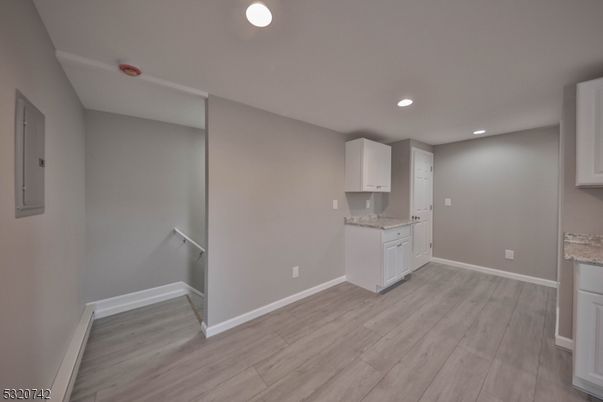 Empty room, Interior, Kitchen, Recessed Lighting, Wood Texture Flooring