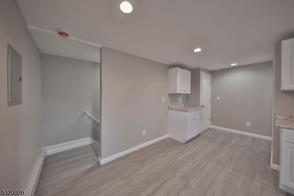 Empty room, Interior, Kitchen, Recessed Lighting, Wood Texture Flooring