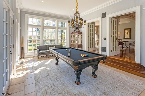 Billiard Table, Chandelier, Game Room, Interior, Recessed Lighting, Wood Texture Flooring