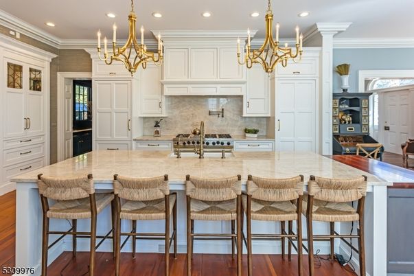Chandelier, Interior, Kitchen, Recessed Lighting, Stainless Steel Appliances, Wood Texture Flooring