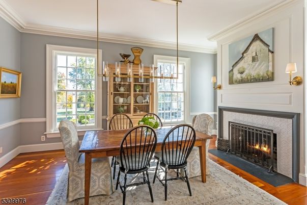 Dining room, Fireplace, Interior, Pendant Lights, Wood Texture Flooring