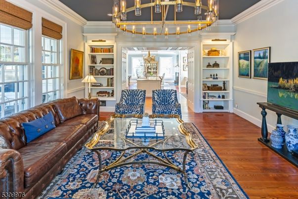 Chandelier, Interior, Living room, Recessed Lighting, Wood Texture Flooring