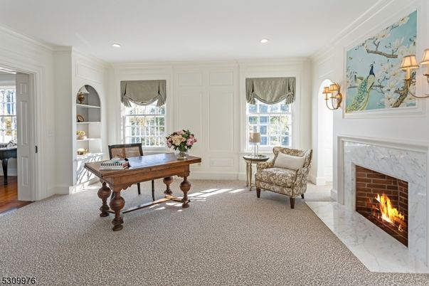 Fireplace, Home Office, Interior, Recessed Lighting, Wood Texture Flooring