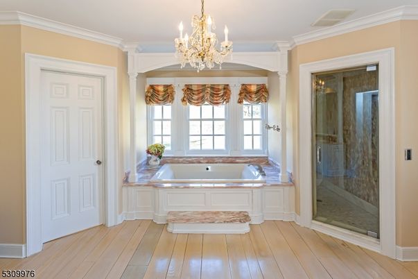 Bathroom, Chandelier, Glass Shower, Interior, Wood Texture Flooring