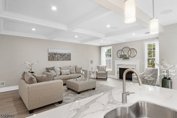 Fireplace, Interior, Kitchen, Living room, Pendant Lights, Recessed Lighting, Wood Texture Flooring