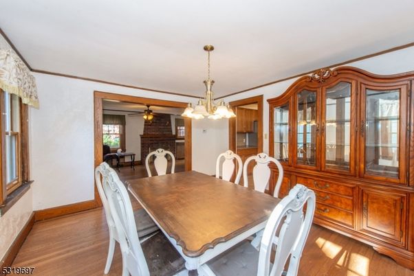Chandelier, Dining room, Interior, Stone Walls, Wood Texture Flooring