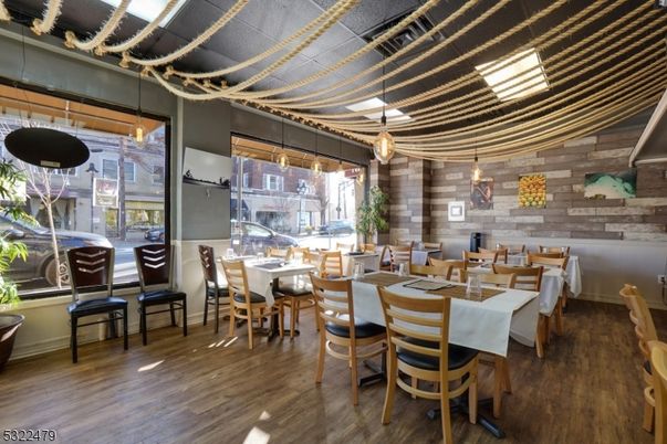 Dining room, Interior, Pendant Lights, Wood Texture Flooring