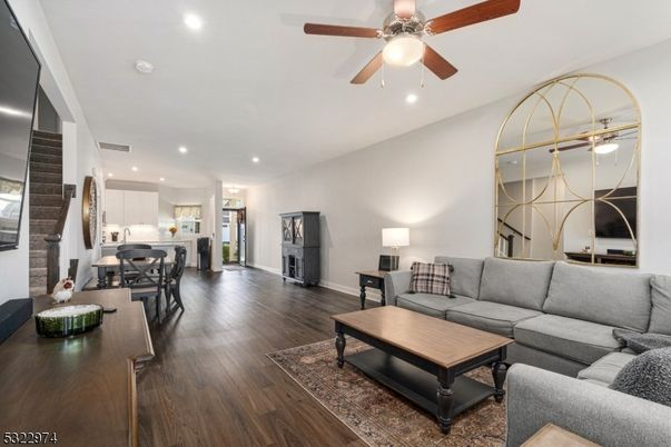 Dining room, Fireplace, Interior, Kitchen, Living room, Pendant Lights, Recessed Lighting, Wood Texture Flooring
