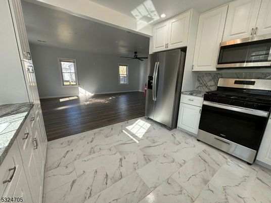 Interior, Kitchen, Marble, Recessed Lighting, Wood Texture Flooring