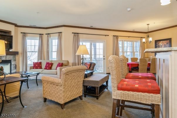 Dining room, Fireplace, Interior, Living room, Pendant Lights