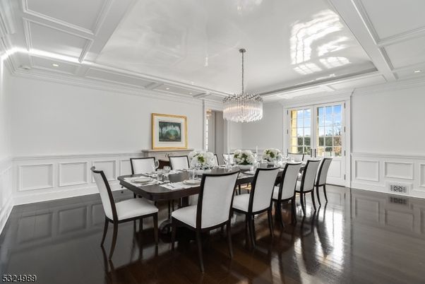 Chandelier, Dining room, Interior, Recessed Lighting, Wood Texture Flooring