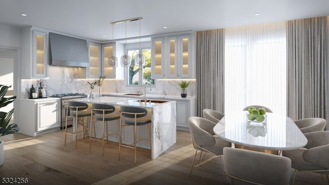 Dining room, Interior, Kitchen, Marble Walls, Pendant Lights, Recessed Lighting, Stainless Steel Appliances, Wood Texture Flooring