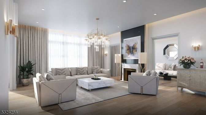 Chandelier, Fireplace, Interior, Living room, Recessed Lighting, Wood Texture Flooring