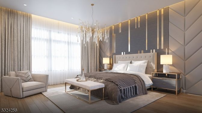 Bedroom, Chandelier, Interior, Recessed Lighting, Wood Texture Flooring