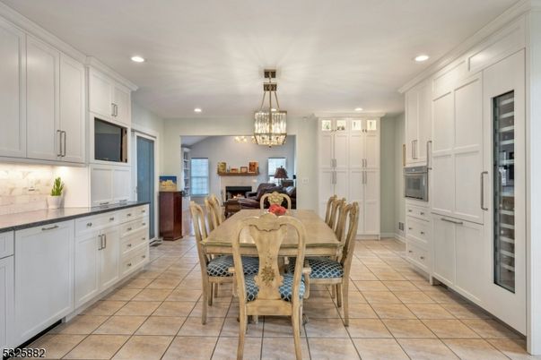 Chandelier, Dining room, Fireplace, Interior, Kitchen, Pendant Lights, Recessed Lighting