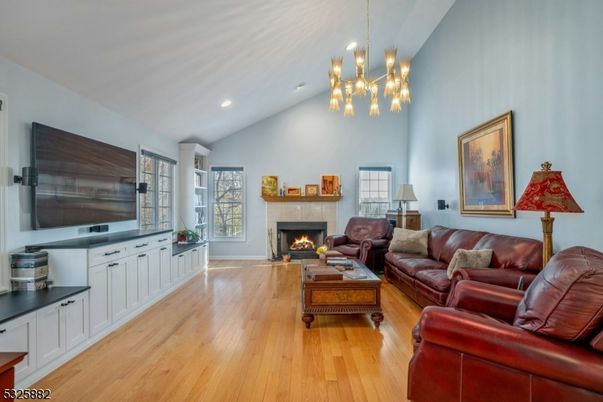 Fireplace, Interior, Living room, Pendant Lights, Recessed Lighting, Wood Texture Flooring
