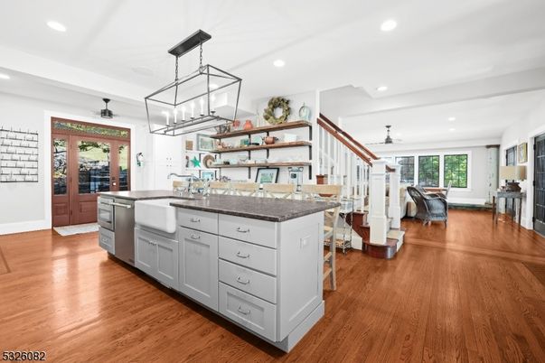 Chandelier, Interior, Kitchen, Pendant Lights, Recessed Lighting, Wood Texture Flooring