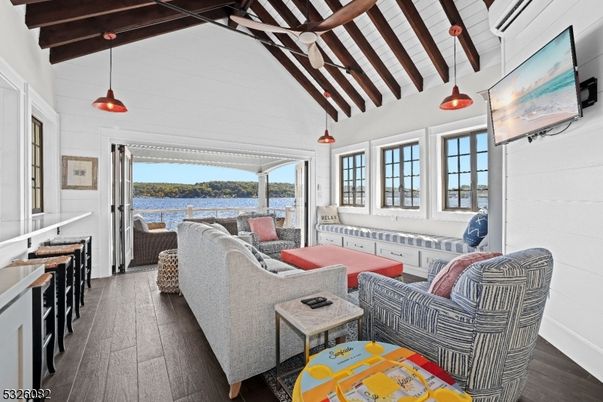 Interior, Living room, Pendant Lights, Water, Wooden Beams, Wood Texture Flooring