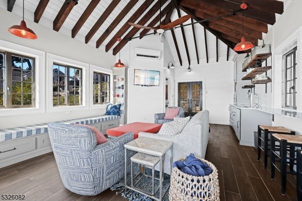 Interior, Living room, Pendant Lights, Wooden Beams, Wood Texture Flooring
