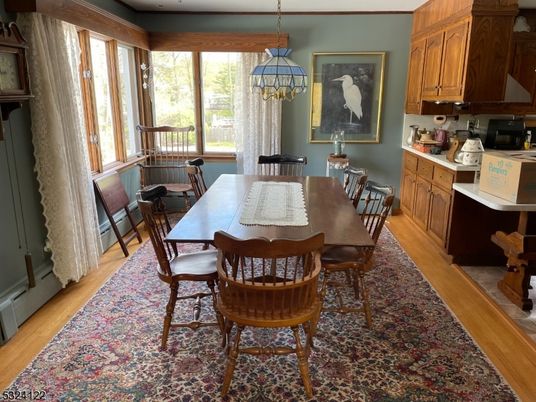 Dining room, Interior, Pendant Lights, Wood Texture Flooring