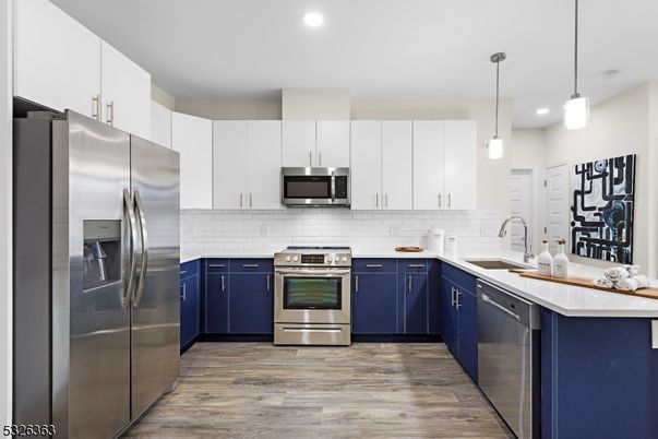 Interior, Kitchen, Pendant Lights, Recessed Lighting, Stainless Steel Appliances, Wood Texture Flooring